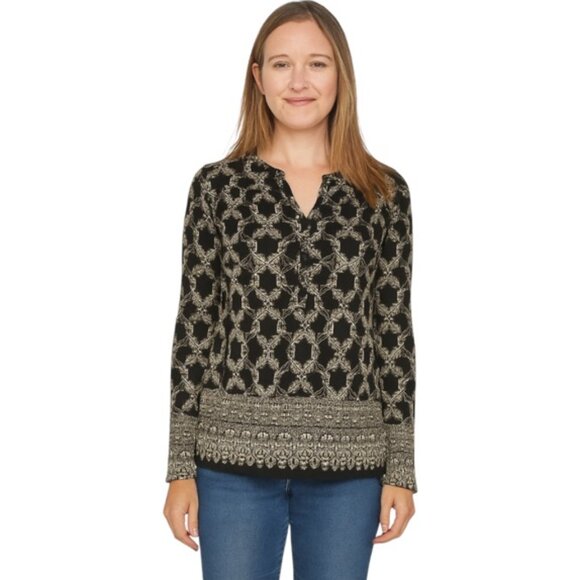 Lucky Brand Tops - Lucky Brand Small Split Neck Long Sleeve Black and Beige Patterned Shirt